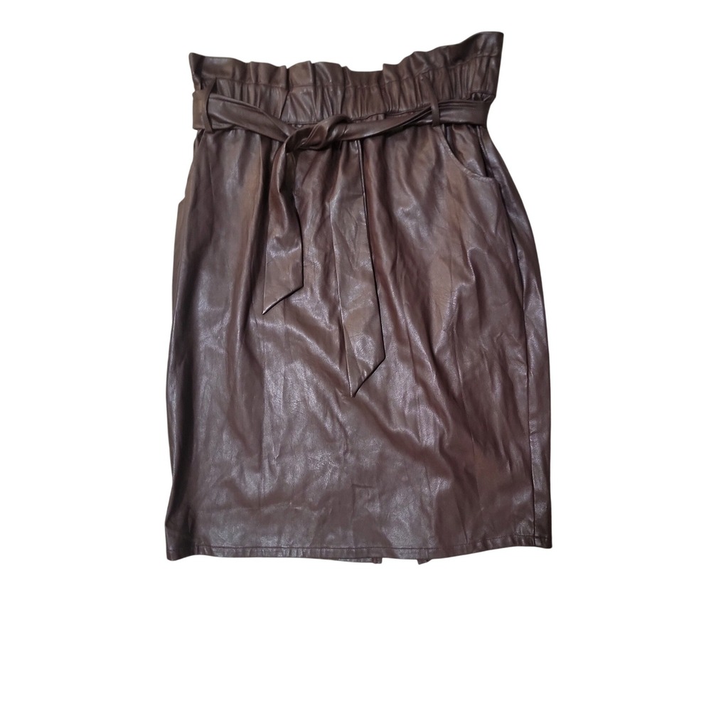 Time and Tru Women Brown Faux Leather‎ Paperbag Waist Midi Skirt Large 12-14